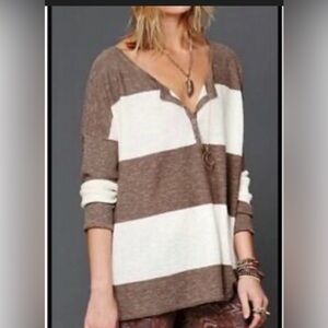 Free People Beach Women's Brown Sweater Gold Rush Henley Linen Stripe Sz Large